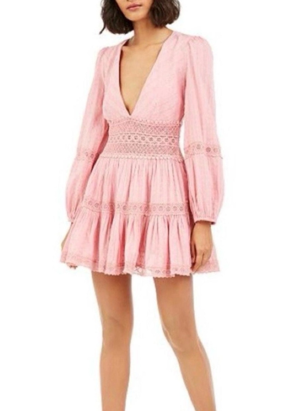 Free People Pink Boho Lace Mini Dress Size 2 V-Neck Tiered Long Sleeve Romantic